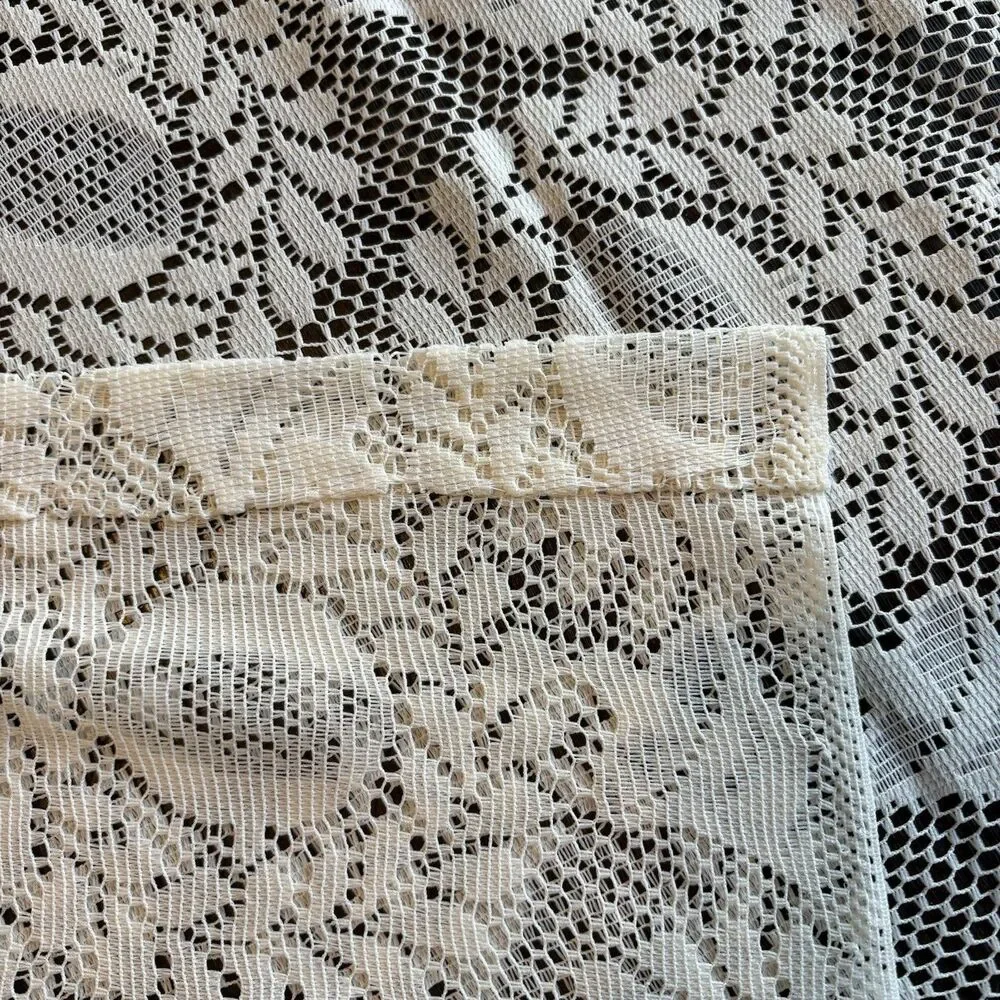 VTG Lace Curtain Ivory Floral Victorian Bells Ecru 66x68” Pocket Rod